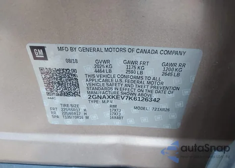 2019 Chevrolet Equinox Lt из США, поврежденный, VIN 2GNAXKEV7K6126342